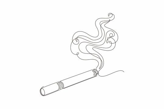 Smoking Cigarette with Curling Smoke, Minimalist Continuous Line Art Illustration on White Background