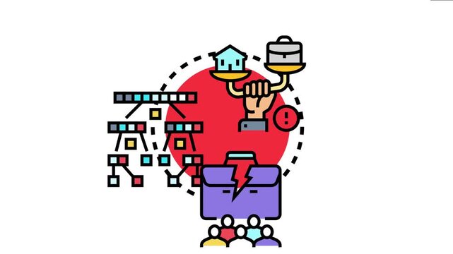 Hand balancing house and briefcase on a scale, showing a broken business, organizational hierarchy, and people impacted by critical factors and consequences