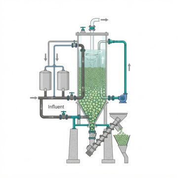 Water flows through a wastewater treatment plant, focusing on sewage purification and struvite phosphorus recovery technology.