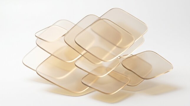 3D Abstract Background with Champagne Gold Frosted Glass Plates and Soft Warm Studio Refraction