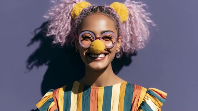 Sunlit smiling woman with yellow pompom pigtails and round glasses casting shadow on purple wall for outdoor portrait banner and fashion design