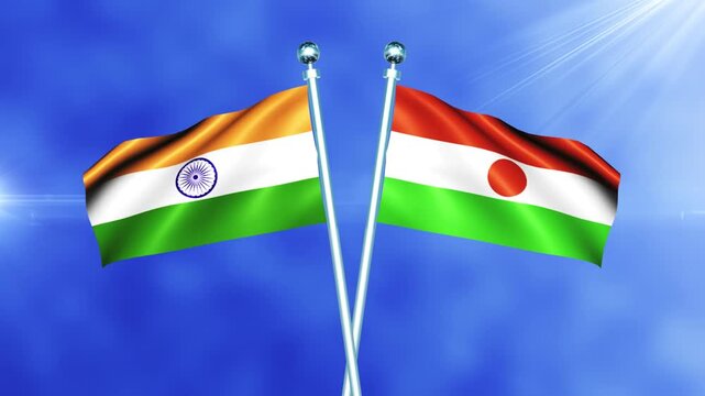India and Niger Flag Relations Concept with Crossed National Flags Waving on Pole Loop Against a Bright Cloudy Sky