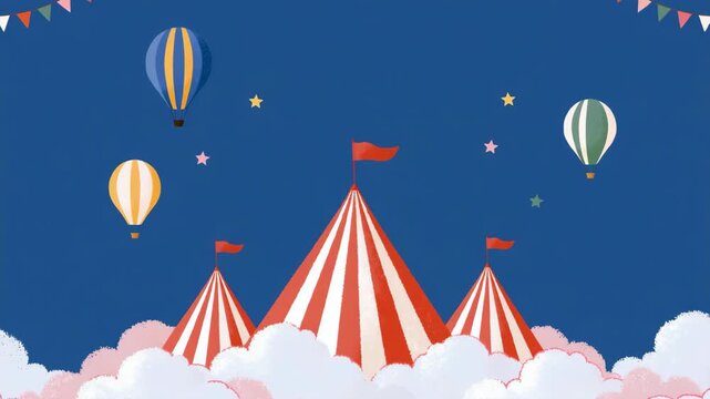 Whimsical striped circus tents with hot air balloons above pink clouds for children's party background and banner design