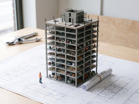 Architectural Blueprint: A detailed model of a multi-story building under construction sits on top of architectural blueprints, symbolizing urban development and engineering precision.