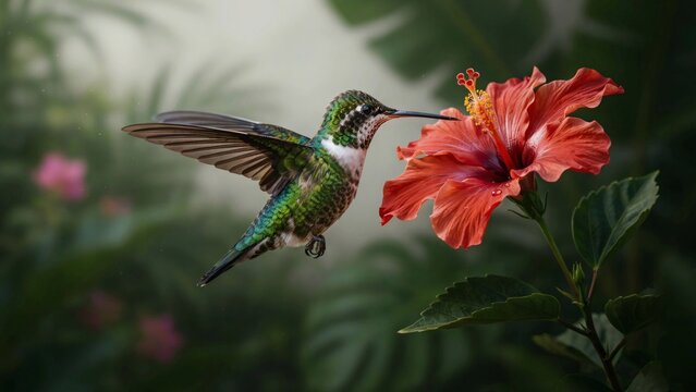 Green hummingbird hovering near a blooming red hibiscus flower with captures green pollination wildlife tropical feathers feathery closeup with natural