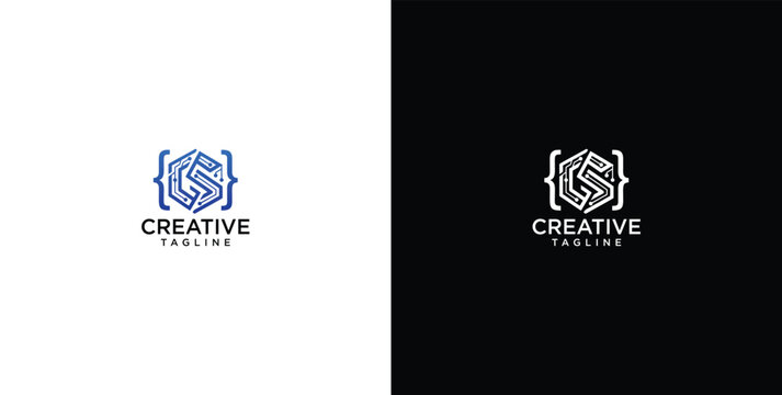 CS coding hexagon logo template featuring modern tech design in blue and white with programming brackets