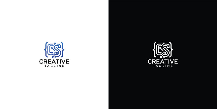Modern CS Monogram Logo with Tech Brackets and Maze Pattern for Software Development Branding
