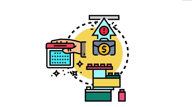 Illustration depicting the concept of an application development challenge. Showing a hand holding a calendar. Building blocks. A briefcase with money. And an arrow pointing to a warning sign