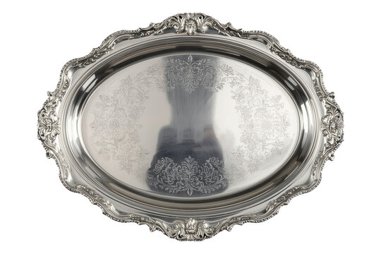 Polished oval silver tray with ornate raised edge