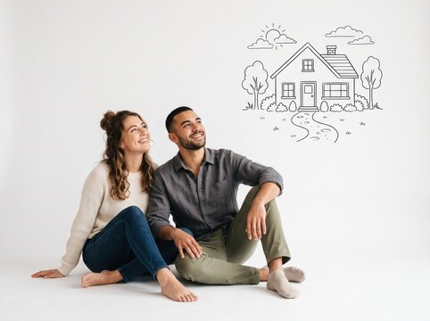 Dreaming of Home: A young couple, filled with hopeful anticipation, gazes upwards at a sketched illustration of their dream house, symbolizing future aspirations and the pursuit of domestic bliss.