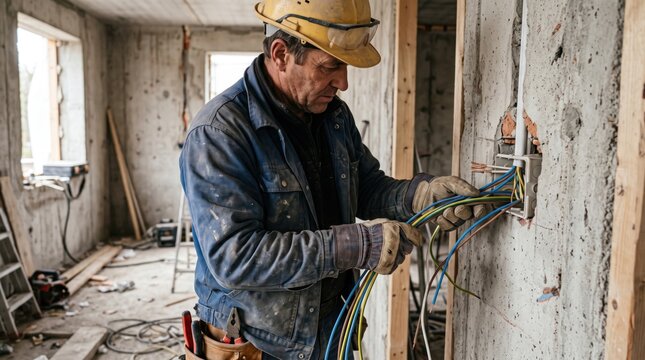 Construction Electrician Wiring: An experienced electrician, wearing a hard hat and tool belt, meticulously works on wiring a new electrical outlet at a construction site.