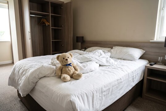 A teddy bear rests on a bed with rumpled sheets in a room with soft light coming from a nearby window. Clothes hang in the closet, creating a casual setting