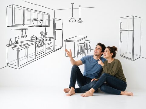 Dream Kitchen Vision: A young couple sits on the floor, excitedly pointing at a sketched dream kitchen design on the wall, visualizing their future home renovation.