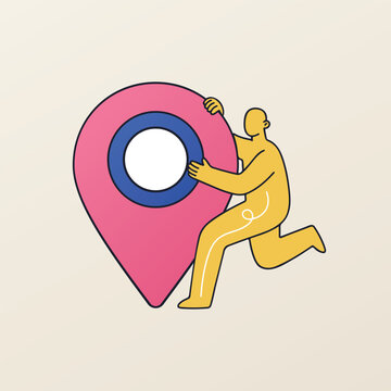 Character carrying large pink location pin, person running with map marker illustration, local SEO concept, address change delivery and navigation flat vector design
