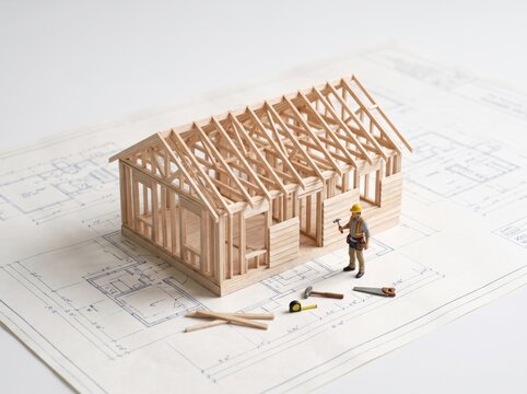 Architectural Blueprint of a Dream Home: A miniature model of a wooden house frame is meticulously constructed on top of detailed blueprints, showcasing the initial stages of construction.