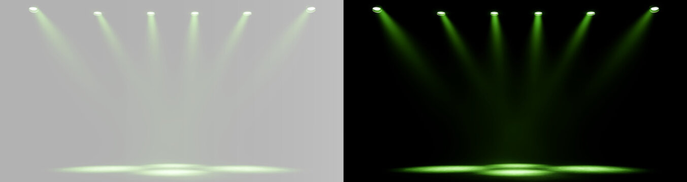 Green spotlight show with powerful overhead beams illuminating a dark empty performance stage, overlay