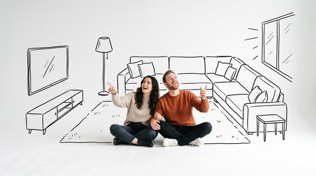 Dream Living Room: A couple sits on a rug, pointing at a sketched living room featuring a couch, TV, and window, visualizing their future home.