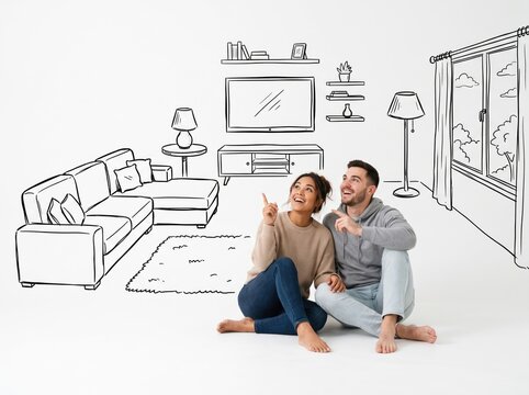 Dream Home Vision: A couple sits on the floor, gazing upwards and pointing at a sketched outline of a modern living room, symbolizing their aspirations and future plans.