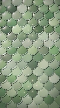Sage green fish scale ceramic tile wall with soft moving light, vertical seamless loop background