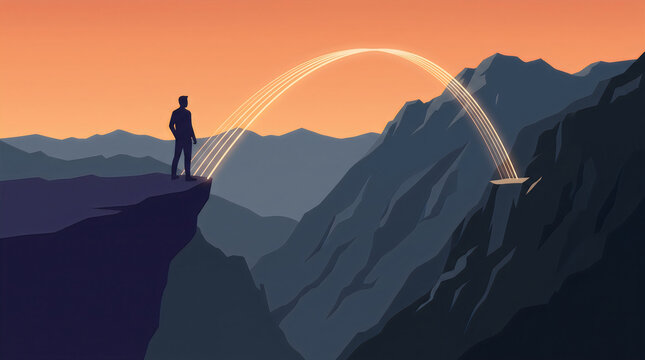 Silhouette at cliff edge looking at bridge of light taking the leap concept vector illustration