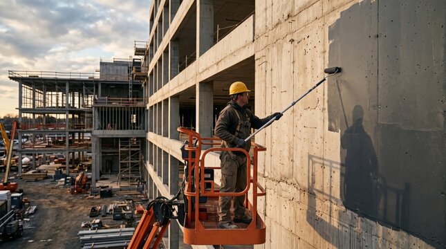 Construction Worker Painting Building: A construction worker wearing a hard hat and safety vest is elevated on a scissor lift.