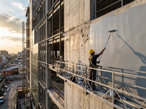 Construction worker painting facade of skyscraper
