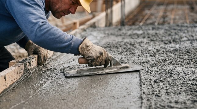 Skilled Construction Worker Finishing Concrete: A focused construction worker, wearing a hard hat and gloves, meticulously smooths fresh concrete with a trowel on a building site.