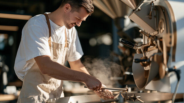 A coffee roaster stands in warm amber workshop light, candid in motion turning roasted beans in a drum roaster, misty chaff rising gently, artisan coffee production, specialty