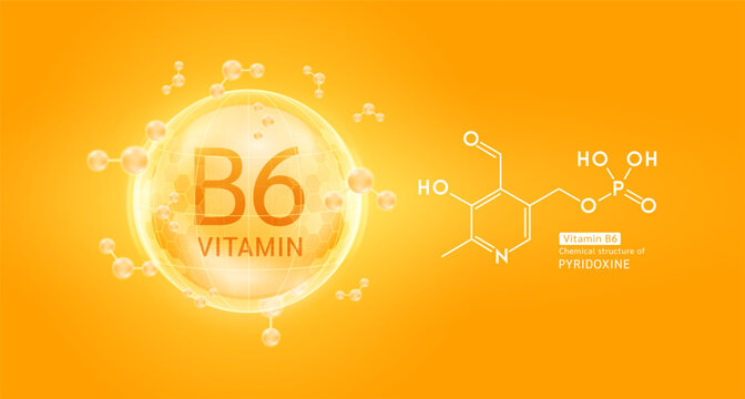 Orange vitamin B6 complex solution in hexagonal dome with molecules. Chemical structure of Pyridoxine. For cosmetic products ads or supplement. Medical health care skin protection. Vector EPS10.