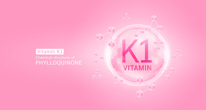Pink vitamin K1 complex solution in hexagonal dome with molecules. For cosmetic products ads or supplement. Medical health care skin protection. Vector EPS10.
