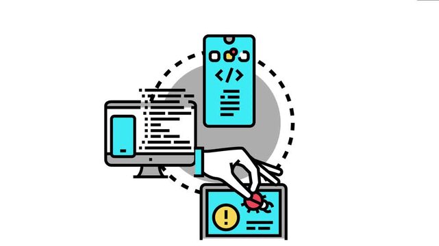Developer hand picking up a bug from a warning screen, the process of fixing errors and achieving a high quality, reliable, and functional mobile application