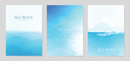 Naklejka premium Japanese sea wave Card set vector. Poster design with watercolor blue ocean wave pattern backdrop. Modern illustration for cover, banner, website, decor, interior.