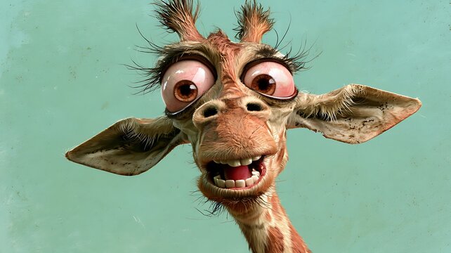 Der Kopf einer lustigen Giraffe mit gro&szlig;en Augen und Ohren.