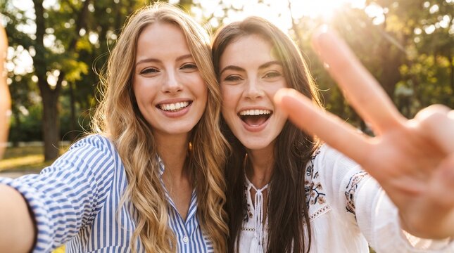 Two happy young women taking a selfie outdoors with a peace sign in a sunny park