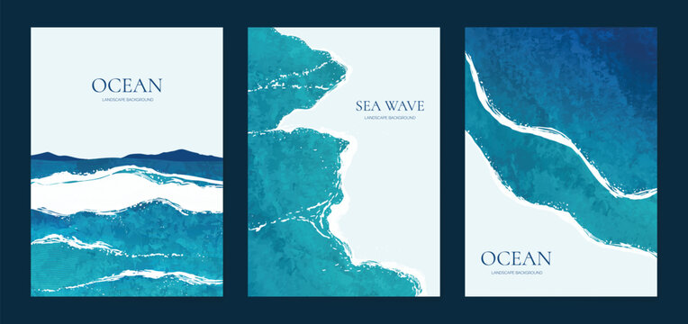Japanese sea wave Card set vector. Poster design with watercolor blue ocean wave pattern backdrop. Modern illustration for cover, banner, website, decor, interior.