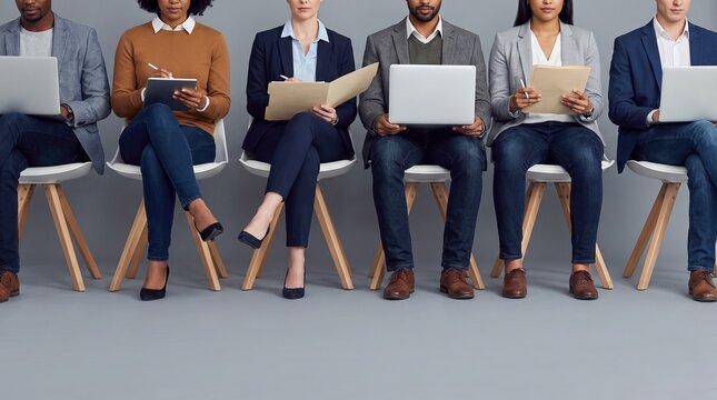 Diverse group of business professionals sitting in a row waiting for job interviews