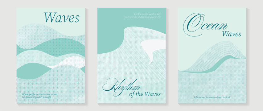 Japanese sea wave Card set vector. Poster design with watercolor blue ocean wave pattern backdrop. Modern illustration for cover, banner, website, decor, interior.