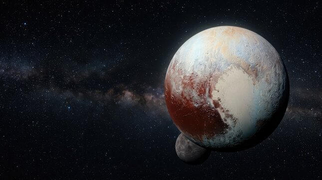 Dwarf Planet Pluto and Charon in Space: A stunning view of the dwarf planet Pluto and its largest moon, Charon, against the backdrop of the Milky Way galaxy.