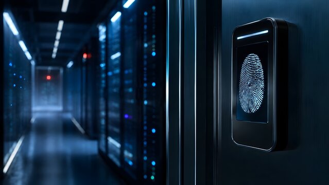 Secure server room access with glowing fingerprint scanner