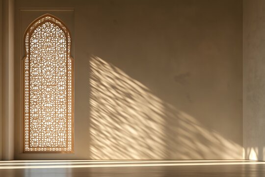 Atmospheric warm sunlight and geometric window shadow on greige wall
