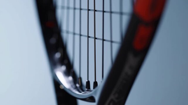 Close-up of black sports racket string bed and curved frame shifts subtly in shallow focus, revealing taut strings, dark grommets, red accents, and cool blue background