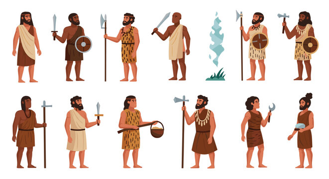 Large set of various prehistoric cavemen and women characters holding primitive tools and weapons on a white background.
