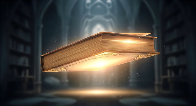 A magical glowing book floating inside a dark library perfect for celebrating the spirit of teachers day