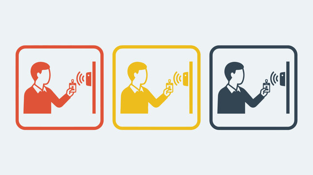 Person swiping security pass card at electronic reader for controlled office entrance access in modern vector style