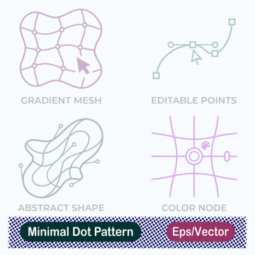 Graphic design software tools and interface icons set featuring gradient mesh, editable anchor points, abstract shapes, and color nodes in a minimal dot pattern vector format.