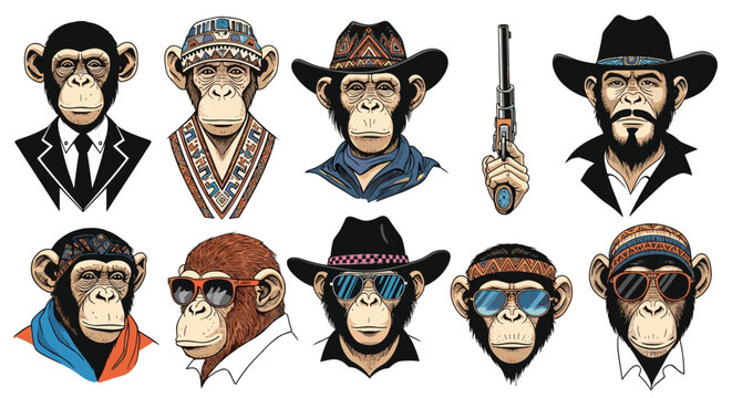 Set of ten unique chimpanzee and human characters wearing various hats, sunglasses, and outfits on a white background.