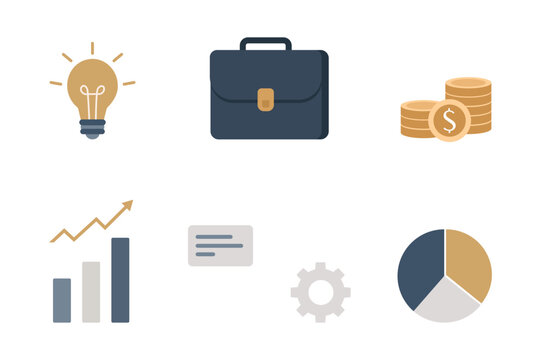 Business icons representing finance, strategy and success isolated on white background