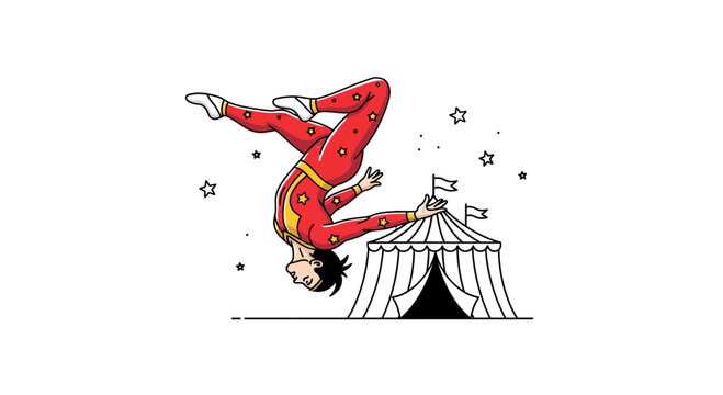 Circus acrobat performing flip over tent