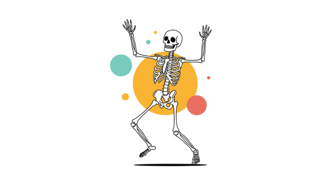 Comic style illustration of a happy dancing human skeleton surrounded by colorful circles, suitable for halloween or anatomy education.