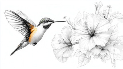 Naklejka premium Detailed illustration of hummingbird in flight next to hibiscus flowers, showcasing intricate line work and delicate shading
